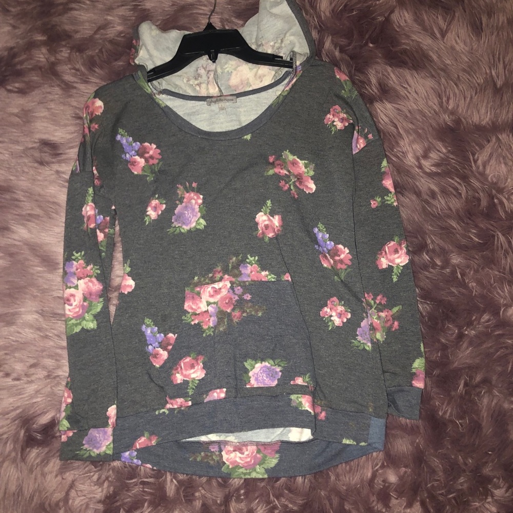 Grey Hoodie with Pink flowers